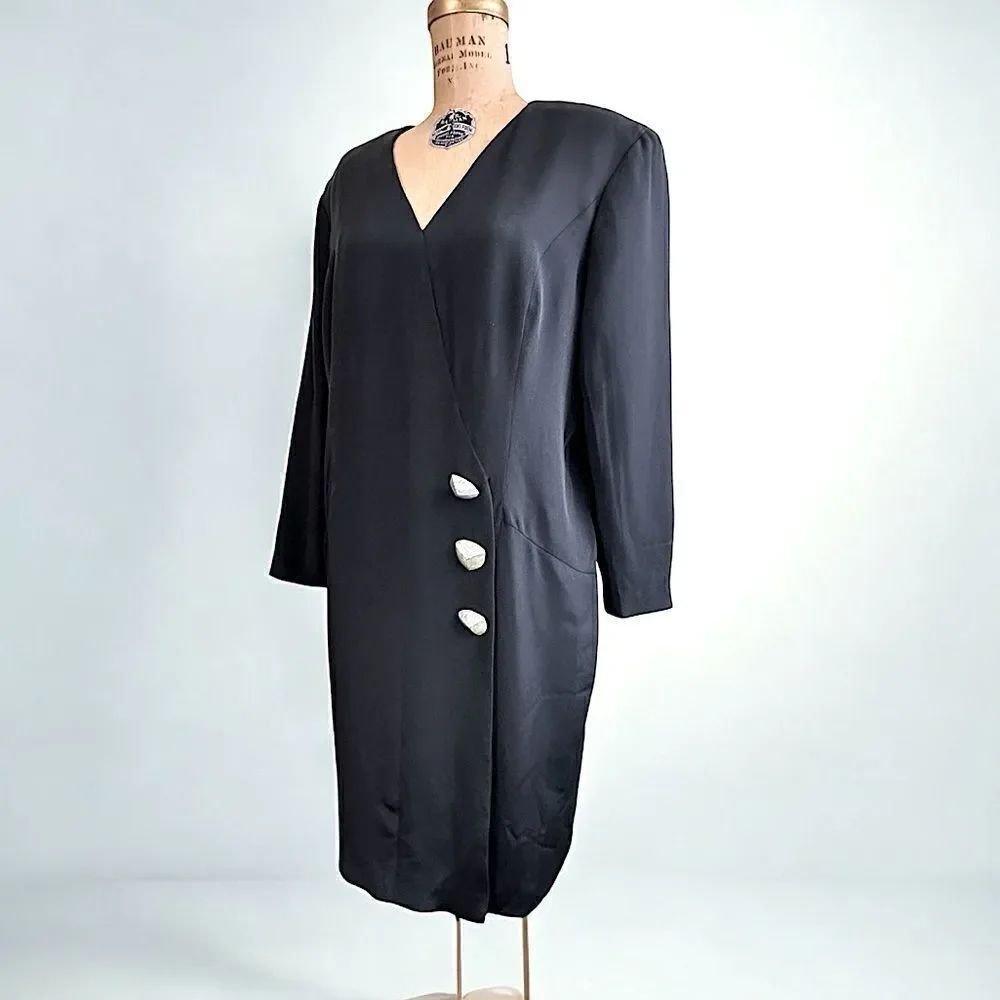 Vintage 80s Ildi Marshall Faux Wrap Black Silk Long sleeve Shift Dress size 16
